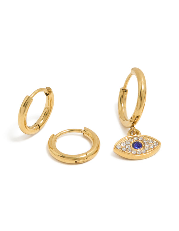 Waterproof Gold Plated Stainless Steel & Diamante  Evil Eye Huggie Earrings 2-Pack