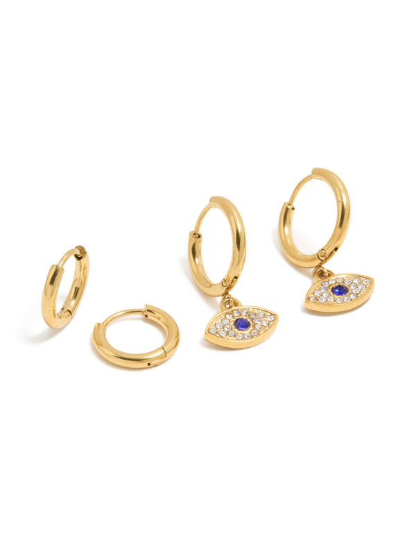 Waterproof Gold Plated Stainless Steel & Diamante  Evil Eye Huggie Earrings 2-Pack