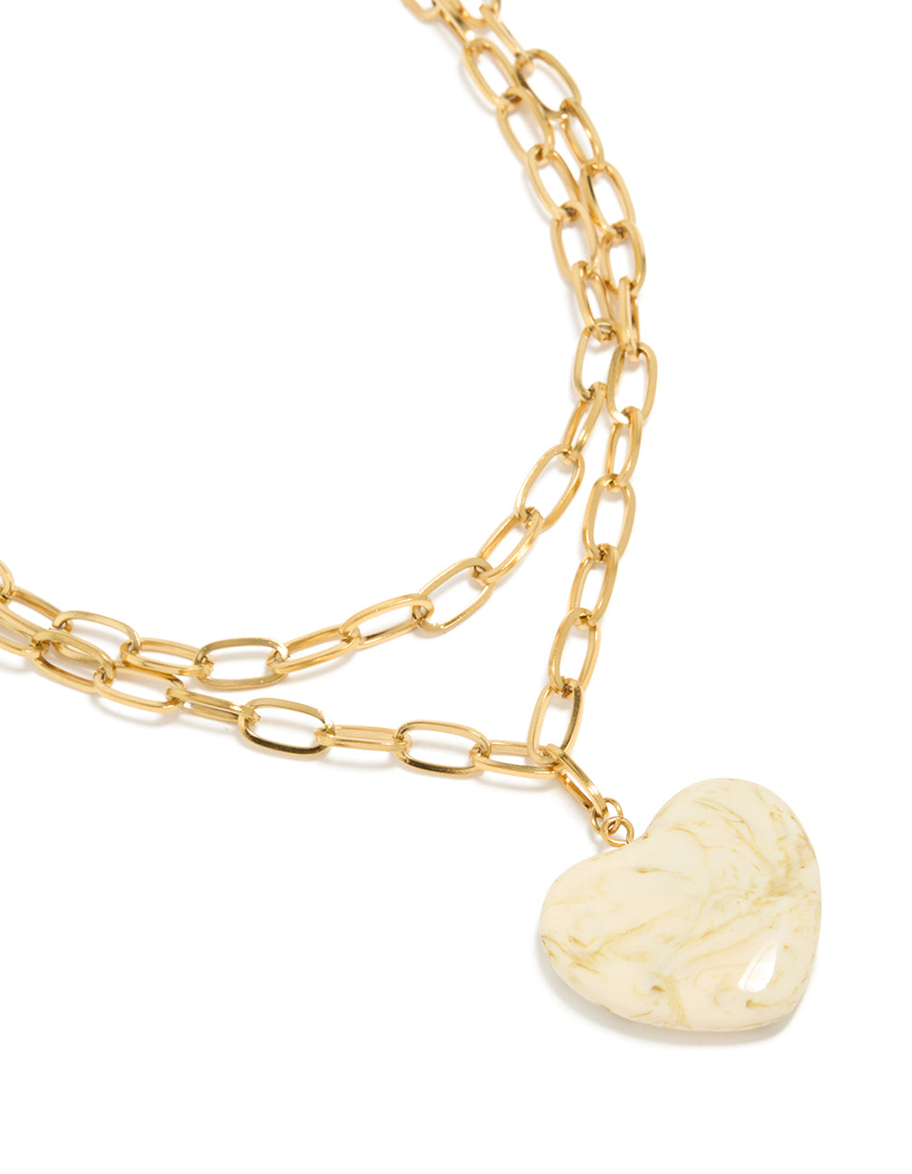 Showcasing a waterproof double layered necklace with heart pendant in marble pattern, crafted from gold plated stainless steel, chunky style close up view