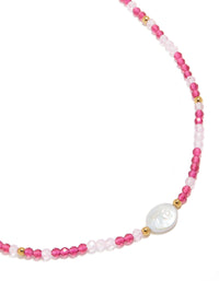 Waterproof Gold Plated Stainless Steel Pink Face Beaded &  Pearl Necklace - link has visual effect only
