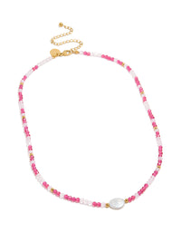 Waterproof Gold Plated Stainless Steel Pink Face Beaded &  Pearl Necklace - link has visual effect only