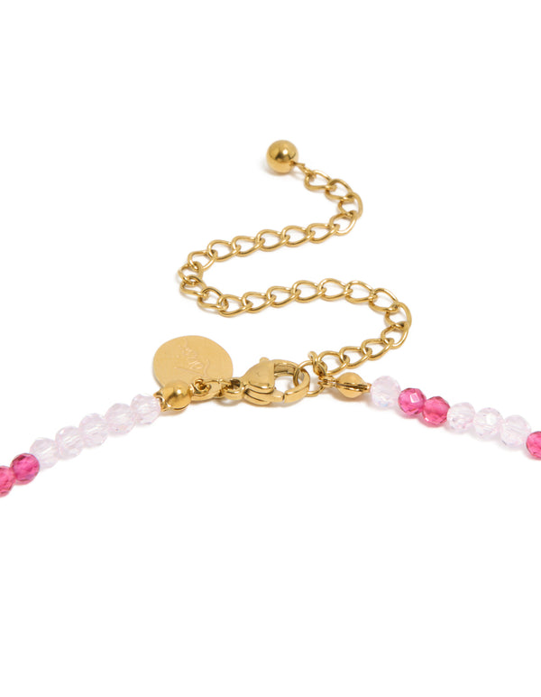 Waterproof Gold Plated Stainless Steel Pink Face Beaded &  Pearl Necklace