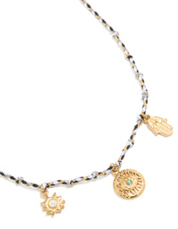 Waterproof Gold Plated Stainless Steel Hamsa  Hand & Eye Charm Black Cord Necklace - link has visual effect only