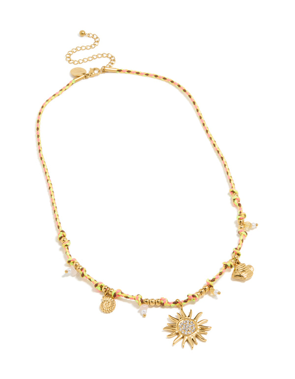 Waterproof Gold Plated Stainless Steel Diamante Multicoloured Cord Charm Necklace
