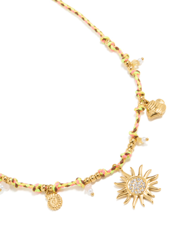 Waterproof Gold Plated Stainless Steel Diamante Multicoloured Cord Charm Necklace