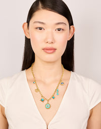 Waterproof Gold Plated Stainless Steel Evil Eye & Turquoise Semi Precious Stone Charm Necklace - link has visual effect only