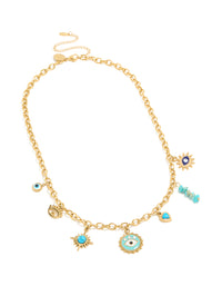 Waterproof Gold Plated Stainless Steel Evil Eye & Turquoise Semi Precious Stone Charm Necklace - link has visual effect only