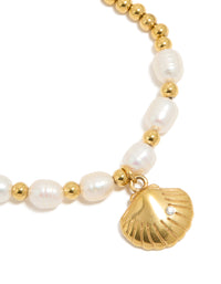 Waterproof Gold Plated Stainless Steel Freshwater Pearl & Shell Ball Bracelet - link has visual effect only