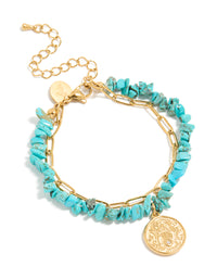 Waterproof Gold Plated Stainless Steel Coin  & Turquoise Semi Precious Stone Chip Bracelets 2-Pack - link has visual effect only