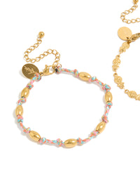 Waterproof Gold Plated Stainless Steel Pink Cord & Fish Bracelets 2-Pack - link has visual effect only