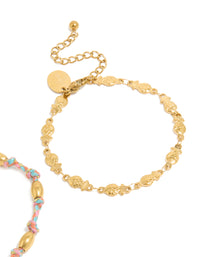 Waterproof Gold Plated Stainless Steel Pink Cord & Fish Bracelets 2-Pack - link has visual effect only
