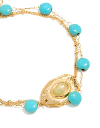 Waterproof Gold Plated Stainless Steel Disc Turquoise Semi Precious Stone & Green Stone Bracelets 2-Pack - link has visual effect only