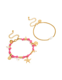 Waterproof Gold Plated Stainless Steel Pearl & Sea Charm Cord Bracelets 2-Pack - link has visual effect only