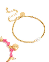 Waterproof Gold Plated Stainless Steel Pearl & Sea Charm Cord Bracelets 2-Pack - link has visual effect only