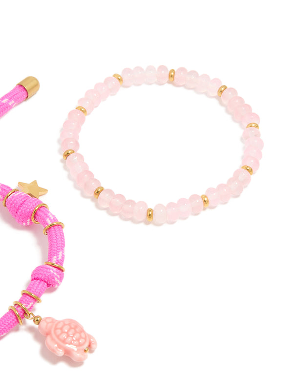 Waterproof Gold Plated Stainless Steel Semi Precious Stone &  Sea Cord Bracelets 2-Pack