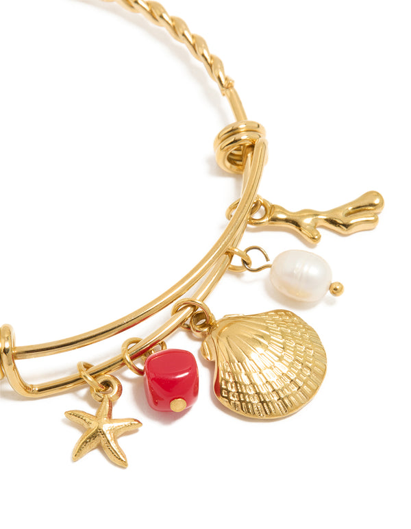 Waterproof Gold Plated Stainless Steel Shell & Freshwater Pearl Charm Bangle