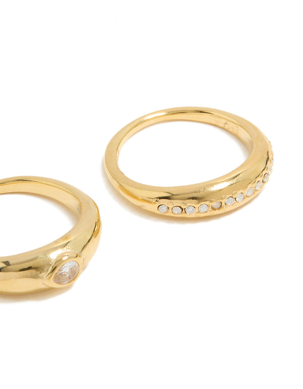 Waterproof Gold Plated Stainless Steel Bezel Set Cubic Zirconia Rings 2-Pack