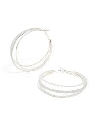 Stunning statement hoop earrings featuring textured split design with glitter in silver front view - link has visual effect only