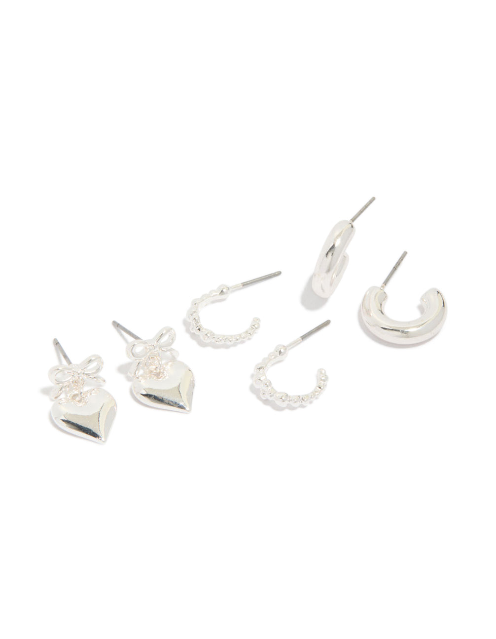 Shop this chunky silver bow heart bubble stud and hoop earrings 3-pack front view
