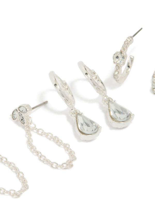 Silver Mixed Diamante & Chain Earrings 3-Pack