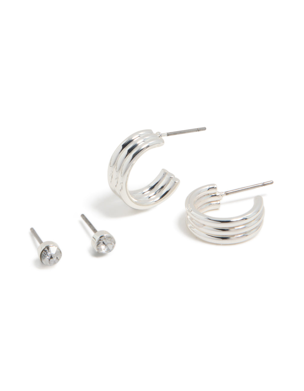 Featuring a 2-pack of silver lined hoop and diamante stud earrings front view