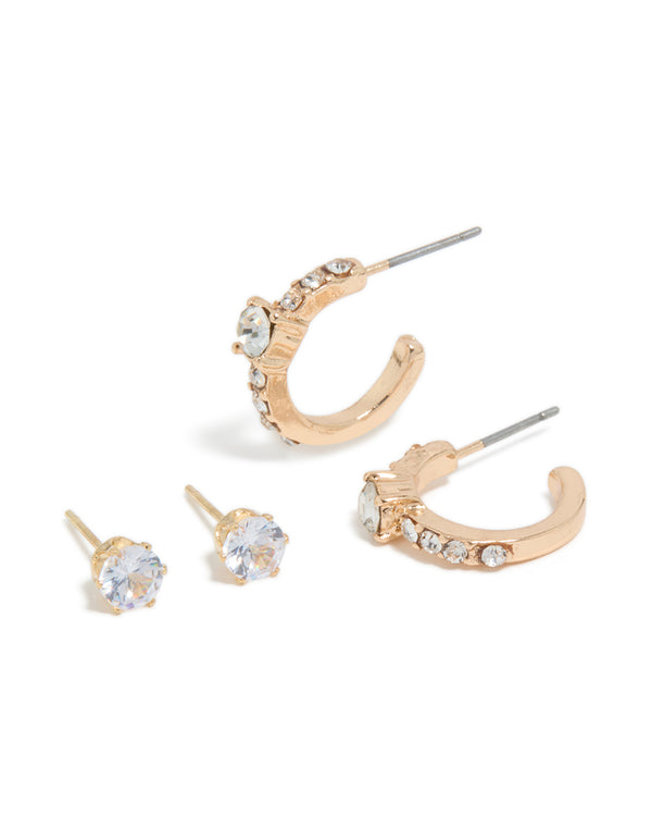 Showcasing a gold diamante hoop and stud earrings 2-pack front view
