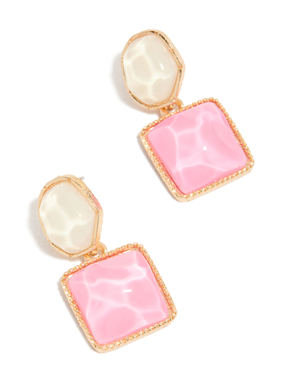 Showcasing statement drop earrings with round and square organic pink pool effect accents in gold front view