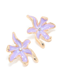 Showcasing floral stud earrings with enamel material in lavender and gold tones featuring white polka dot pattern front view - link has visual effect only