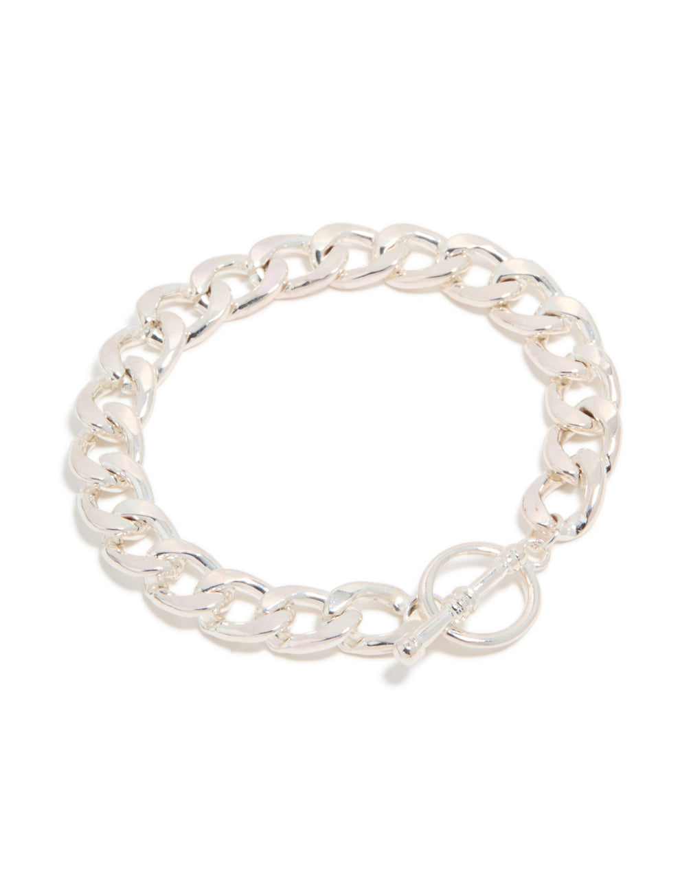 Showcasing a silver chunky T-bar bracelet with bar detailing front view