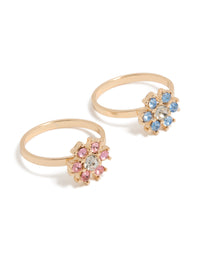 Statement floral diamante rings in gold with pink and blue stones, 2-pack front view - link has visual effect only
