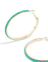 Gold Aqua Beaded Large Thin Hoop Earrings - link has visual effect only