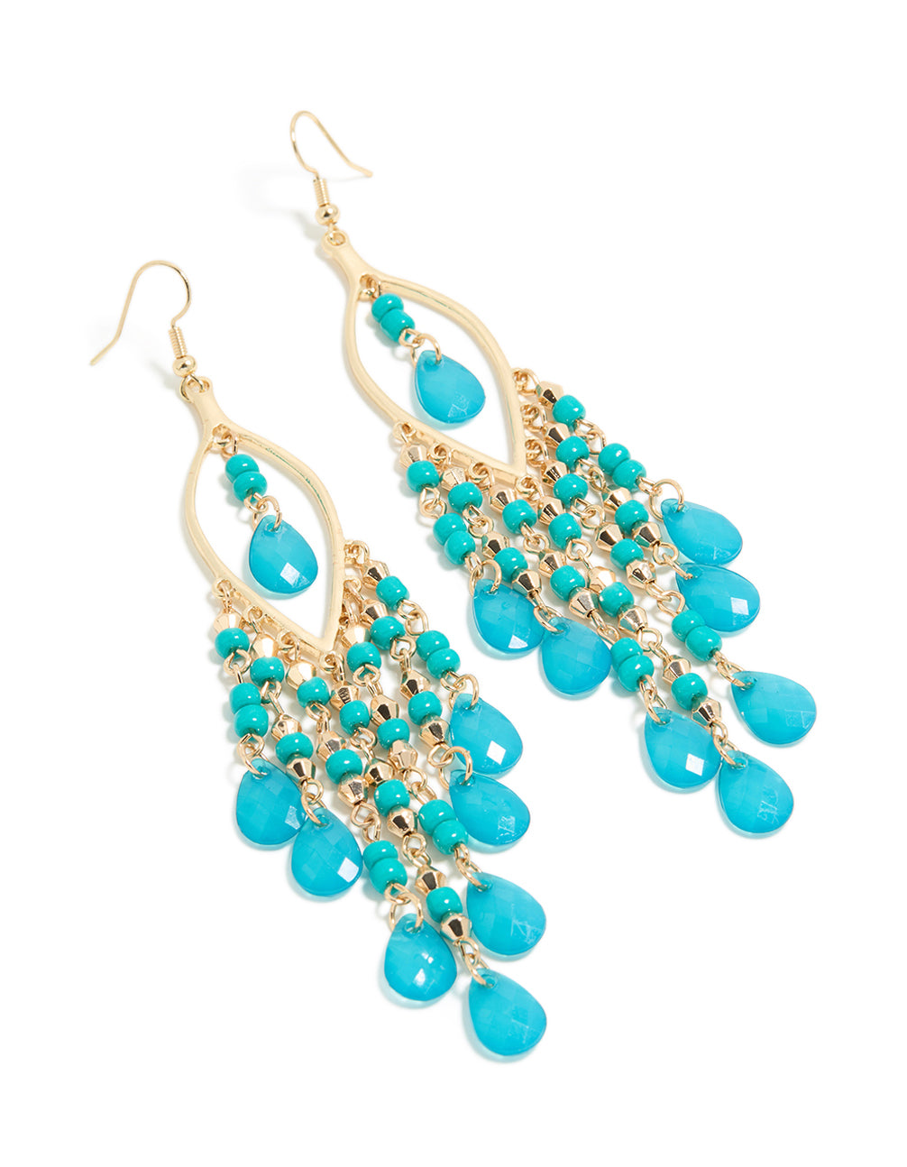 Gold Blue Beaded Oval Fish Hook Drop Earrings