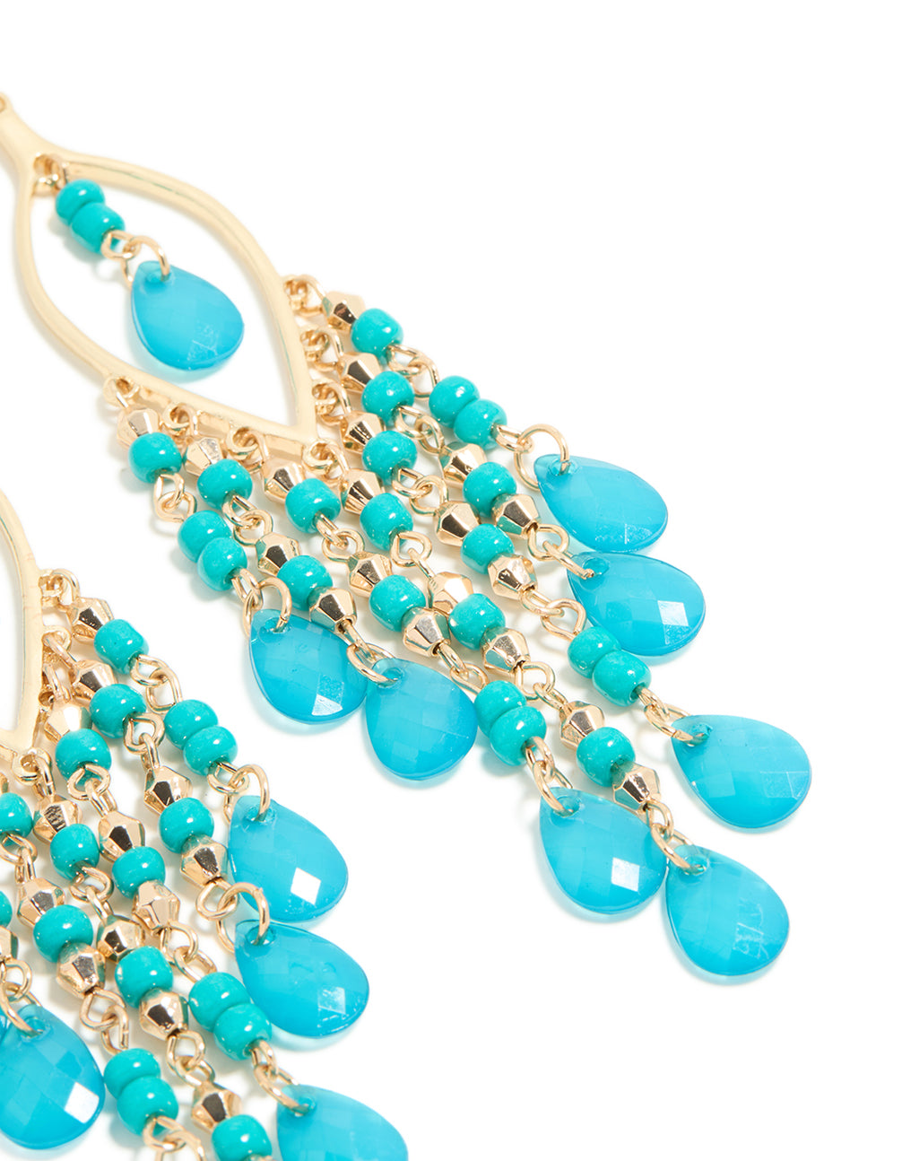 Gold Blue Beaded Oval Fish Hook Drop Earrings