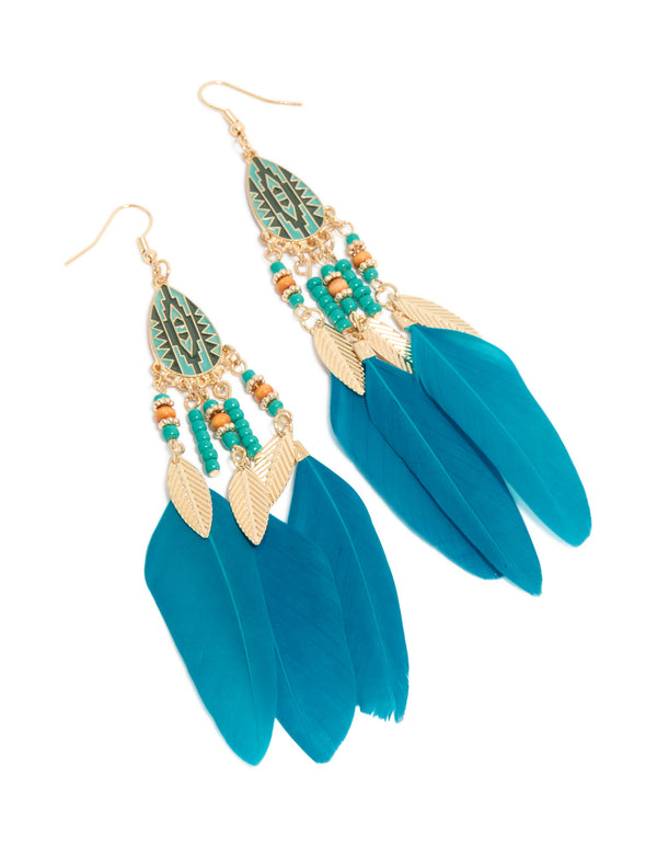 Blue Feather & Beaded Drop Earrings