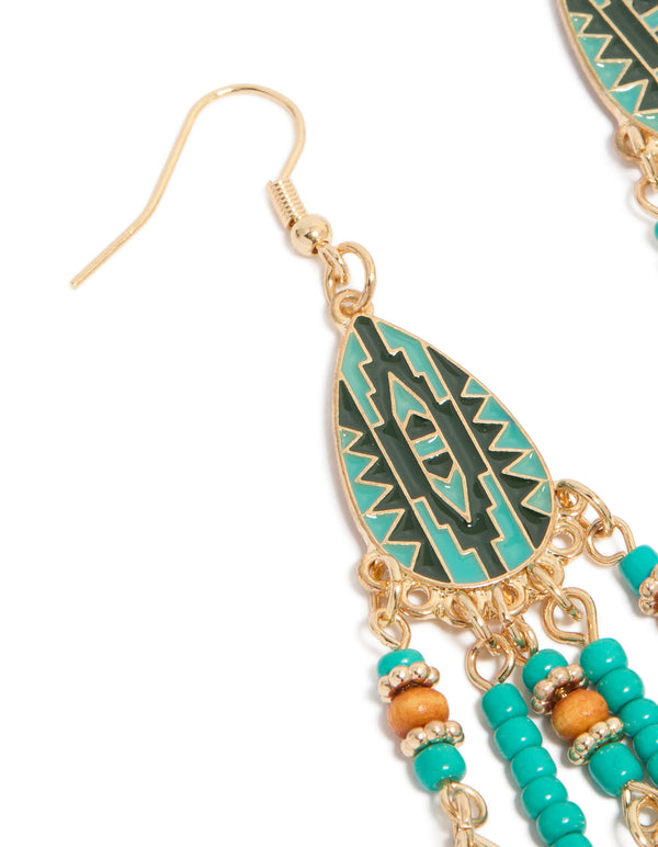 Blue Feather & Beaded Drop Earrings