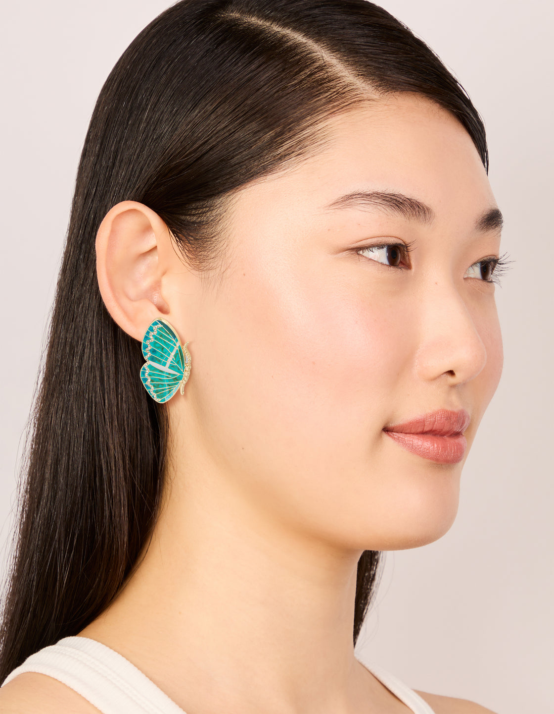 Gold Aqua Enamel Butterfly Stud Earrings