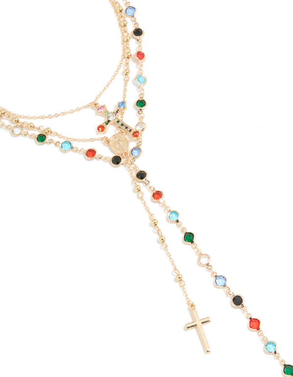 Gold See Through Glass Stone & Cross Layered Y-Necklace