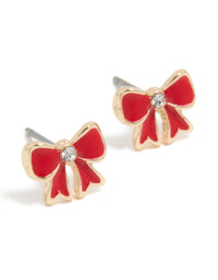 Charming dainty stud earrings featuring mini red bow with diamante center in gold front view - link has visual effect only
