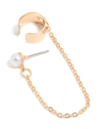 Showcasing a statement stud earring with gold chain ear cuff featuring pearl detail front view - link has visual effect only