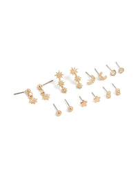 Gold Diamante Star & Moon Earrings 7-Pack - link has visual effect only
