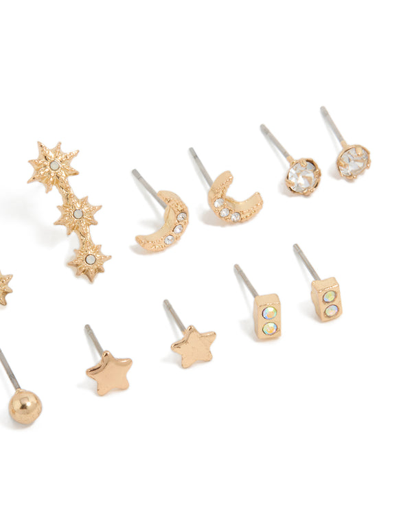 Gold Diamante Star & Moon Earrings 7-Pack