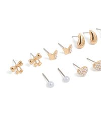 Gold Mini Pearl & Bow Stud Earrings 7-Pack - link has visual effect only