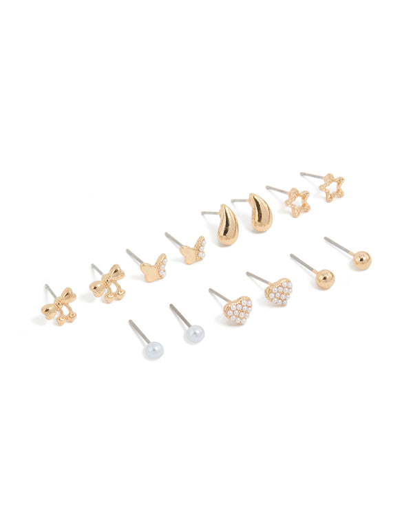 Gold Mini Pearl & Bow Stud Earrings 7-Pack