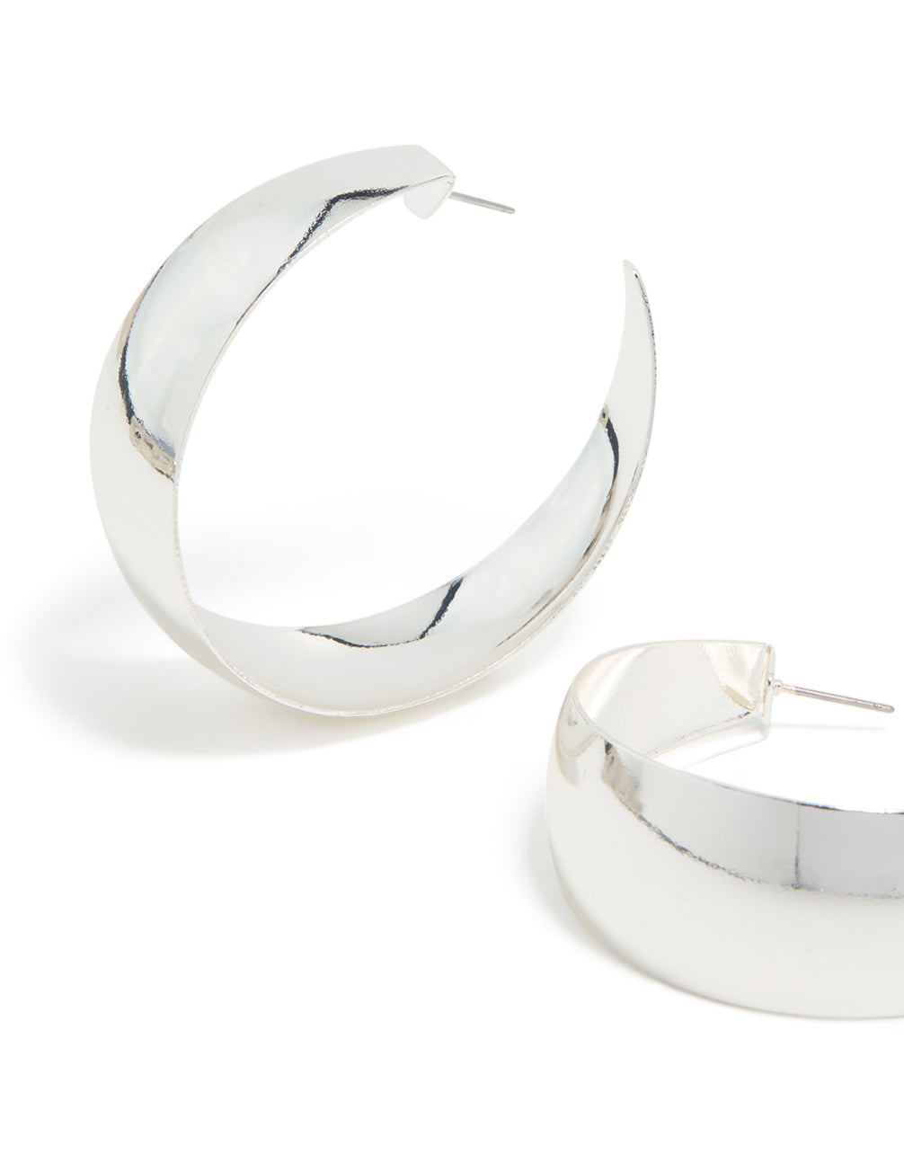 Featuring silver plated smooth thick hoop earrings with closure close up view