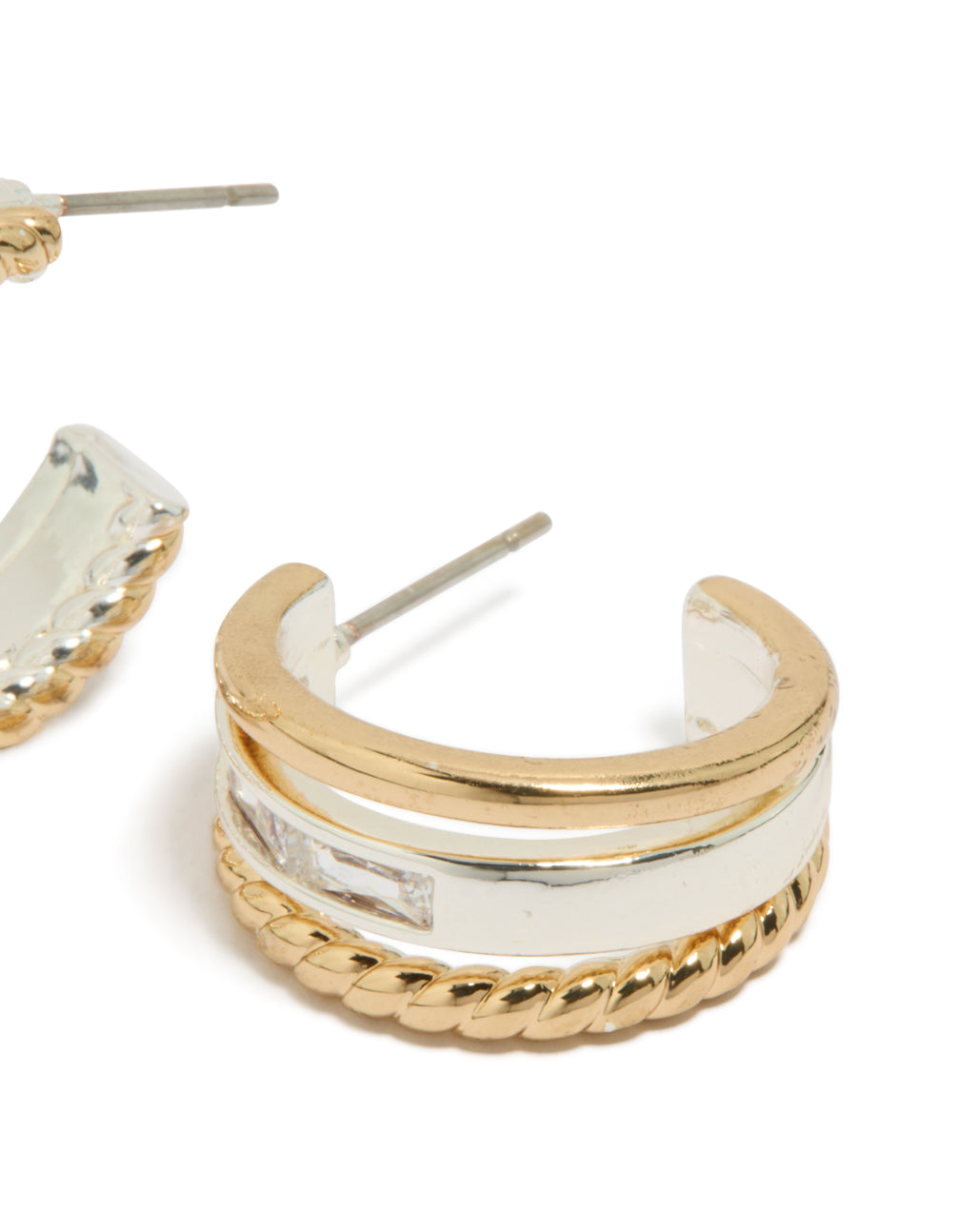 Crafted from mixed metal plated diamante triple layered small hoop earrings with gold and silver post detail view