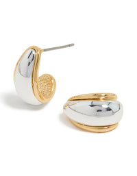 Showcasing small teardrop drop earrings in mixed metal with gold plated and silver plated finishes front view - link has visual effect only