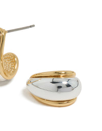Detailed view of small teardrop drop earrings featuring mixed metal with gold plated and silver plated finishes post detail view - link has visual effect only