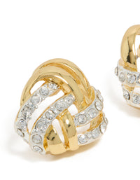 Featuring mixed metal plated diamante knot stud earrings in gold, silver and clear stone close up view - link has visual effect only