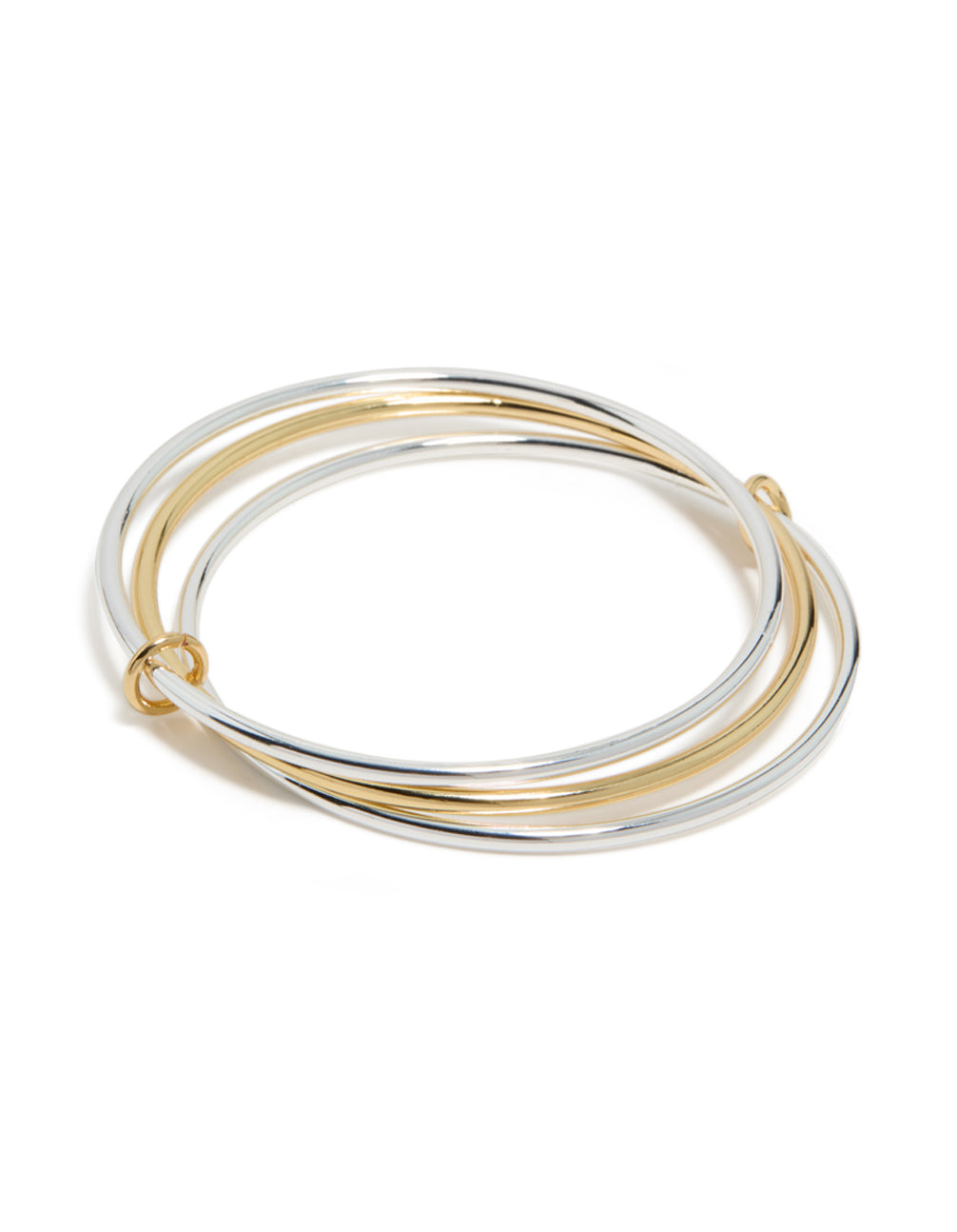 Showcasing mixed metal linked bangles crafted from silver plated and gold plated materials front view