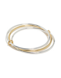 Showcasing mixed metal linked bangles crafted from silver plated and gold plated materials front view - link has visual effect only